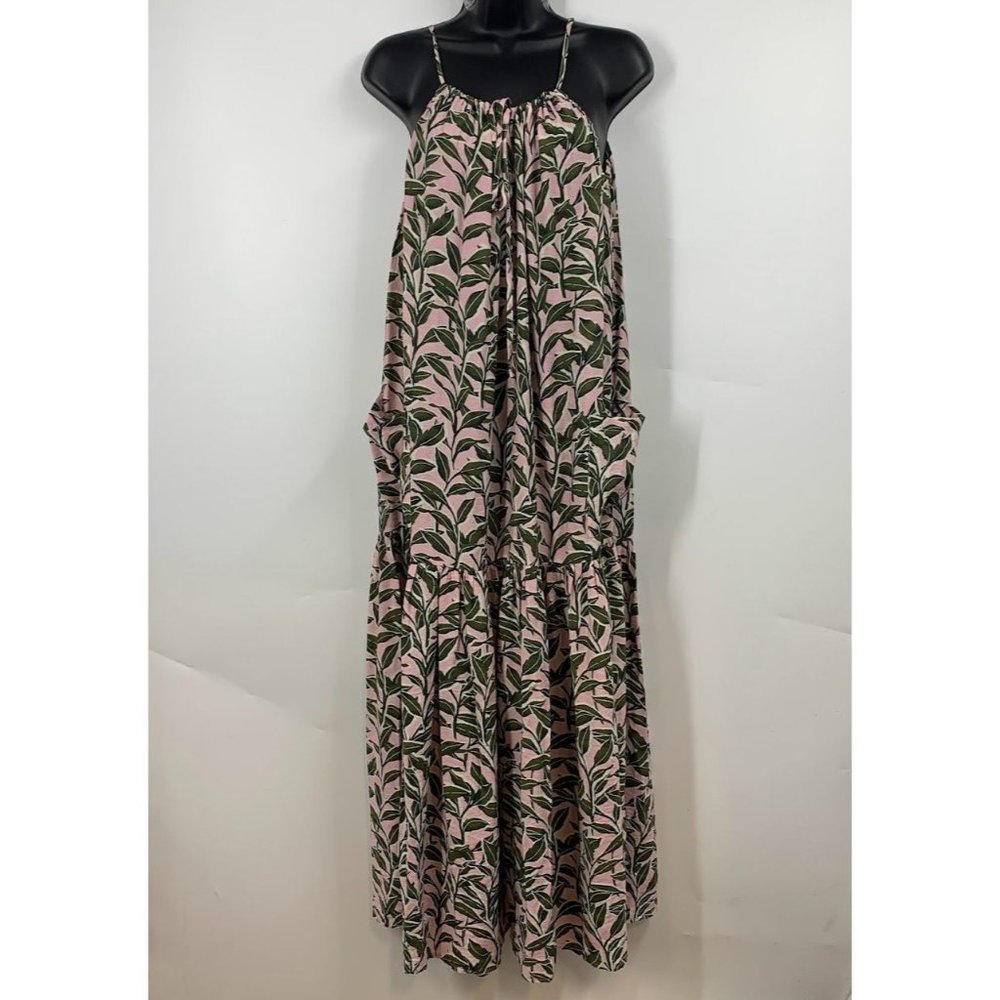 Moon River Anthropologie Women's Shoulder Tie Olive Branch Maxi Dress Size M
